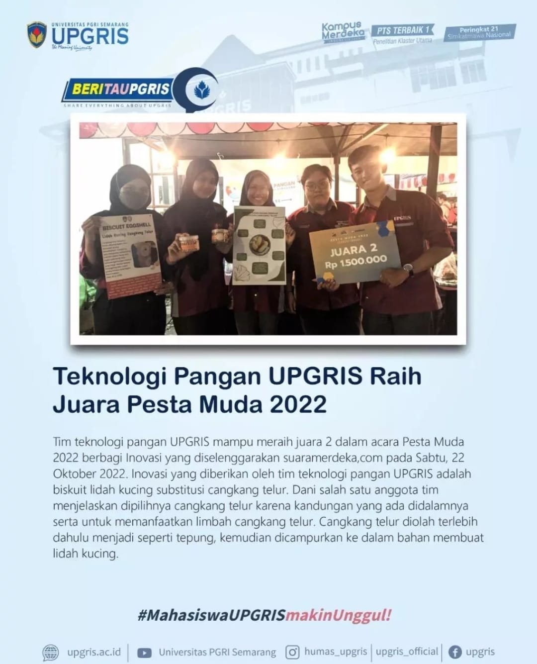 Mahasiswa Teknologi Pangan UPGRIS Raih Juara Pesta Muda 2022